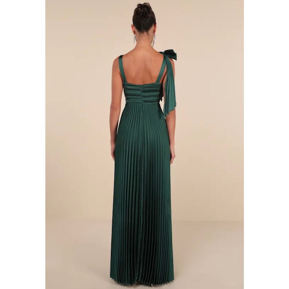 Lulus Emerald Green Satin Pleated Sleeveless Bow Maxi Dress Prom Glam NWT sz XS - Picture 3 of 7